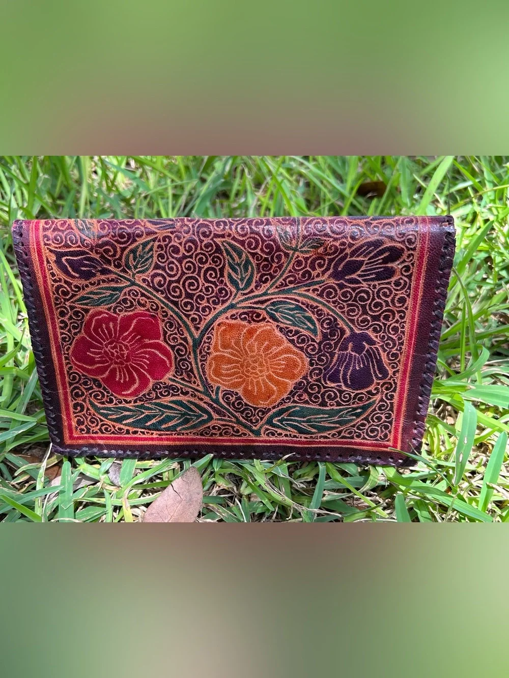 Vintage Handcrafted Leather Tooled Floral Envelope Leather Clutch - Red & Brown